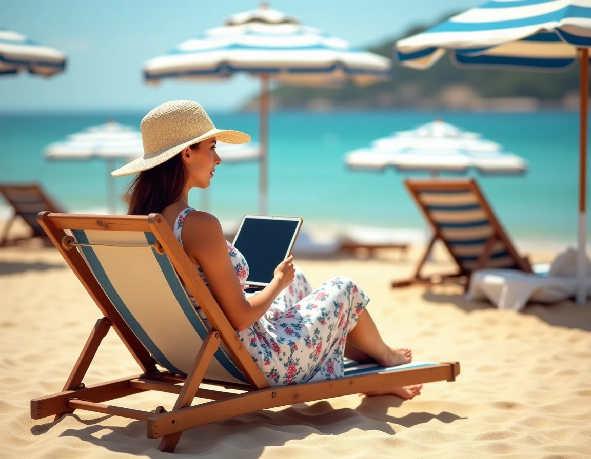Femme recherchant une location saisonnière sur tablette depuis une plage de Marina di Pisa avec parasols rayés et mer turquoise