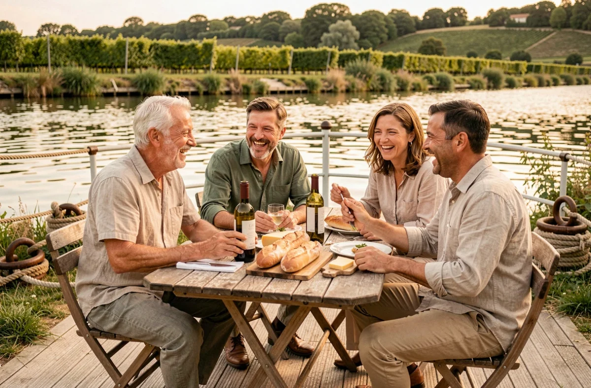 Groupe d'amis partageant un repas sur le pont d'un bateau sur le canal de Bourgogne