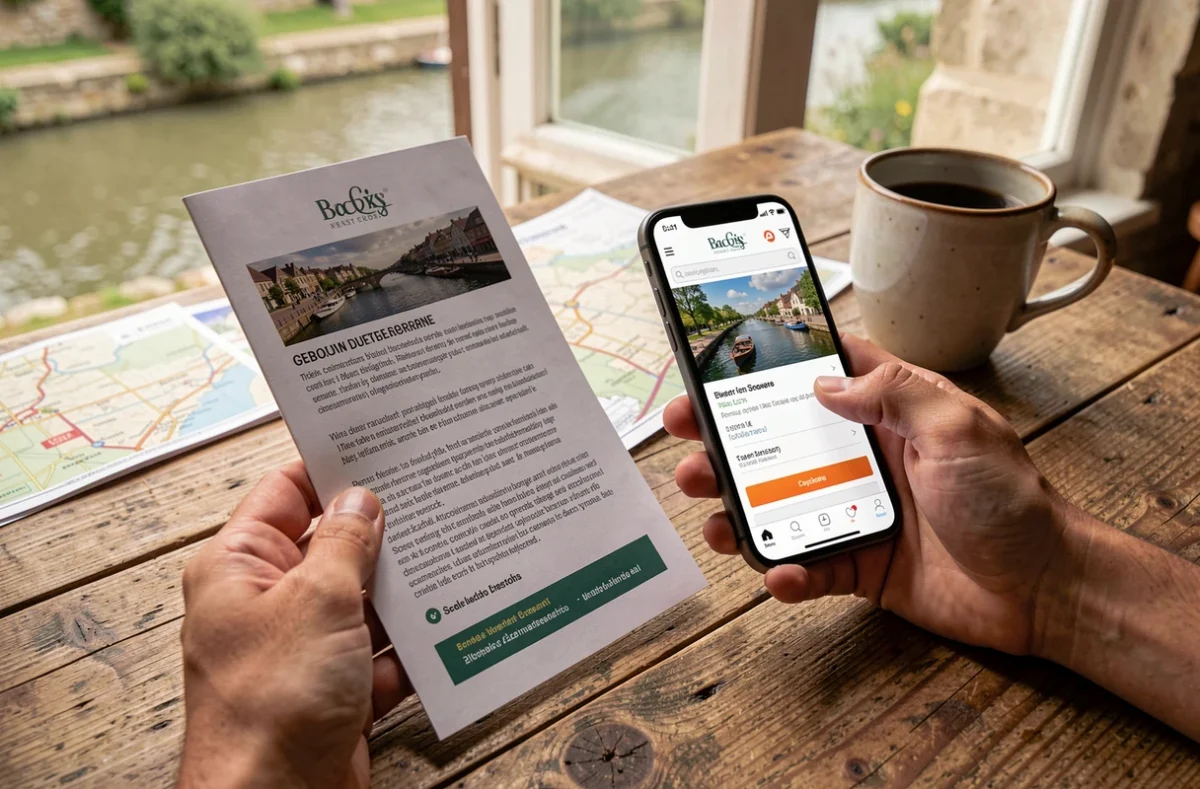 Réservation d'une croisière fluviale sur le canal de Bourgogne avec brochure et smartphone