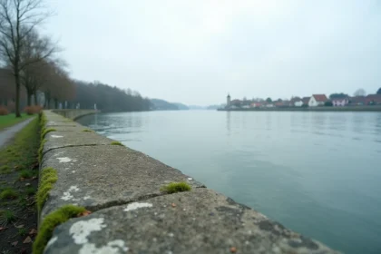 Vue panoramique du fleuve Rhin depuis la rive alsacienne française près de Bâle, avec berges en pierre et reflets sur l'eau calme