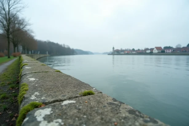 Vue panoramique du fleuve Rhin depuis la rive alsacienne française près de Bâle, avec berges en pierre et reflets sur l'eau calme