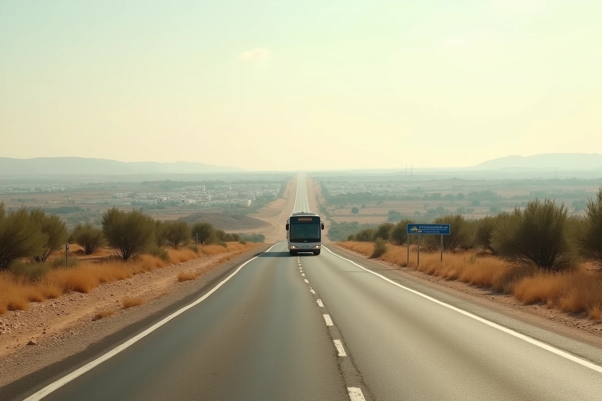 Route côtière tunisienne avec un bus interurbain reliant Monastir à Tunis sur une voie moderne