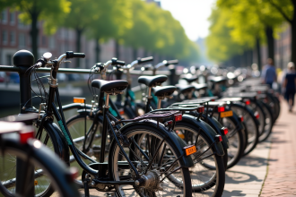 Rue néerlandaise avec vélos traditionnels et canal