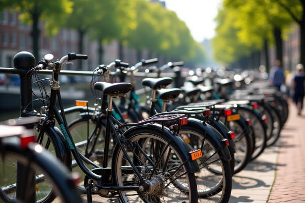Rue néerlandaise avec vélos traditionnels et canal