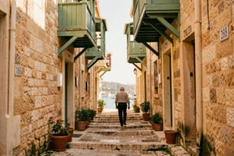 Ruelle étroite et authentique de Senglea à Malte avec balcons en bois traditionnels et pavés en pierre calcaire