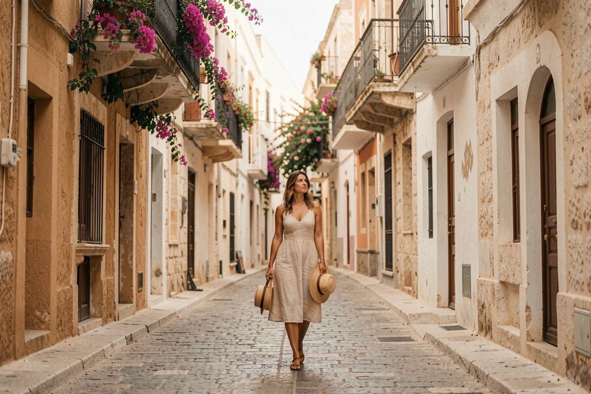Ruelle piétonne du centre historique d'Héraklion avec des bougainvillées et une voyageuse en robe de lin