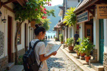 Voyageuse explorant une ruelle de Padangbai à Bali avec des warungs et panneaux touristiques en 2026
