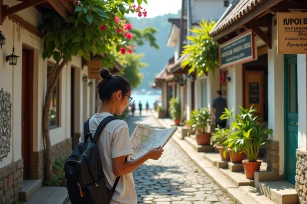 Voyageuse explorant une ruelle de Padangbai à Bali avec des warungs et panneaux touristiques en 2026
