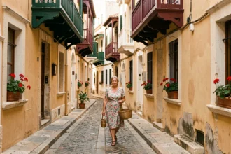 Ruelle pavée typique du quartier historique de La Valette à Malte avec des balcons en bois colorés et une habitante portant un panier