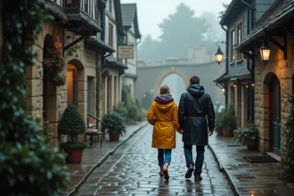 Couple se promenant sous la pluie dans les ruelles pavées de Saint-Valery-sur-Somme par temps gris