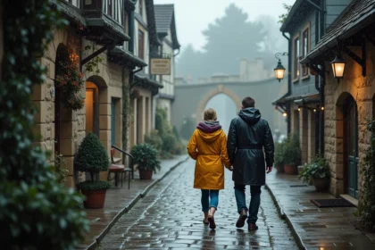 Couple se promenant sous la pluie dans les ruelles pavées de Saint-Valery-sur-Somme par temps gris