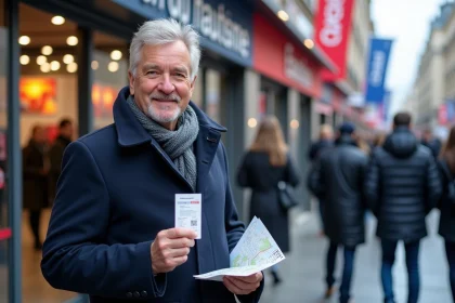 Homme d'âge moyen devant le salon nautisme à Paris