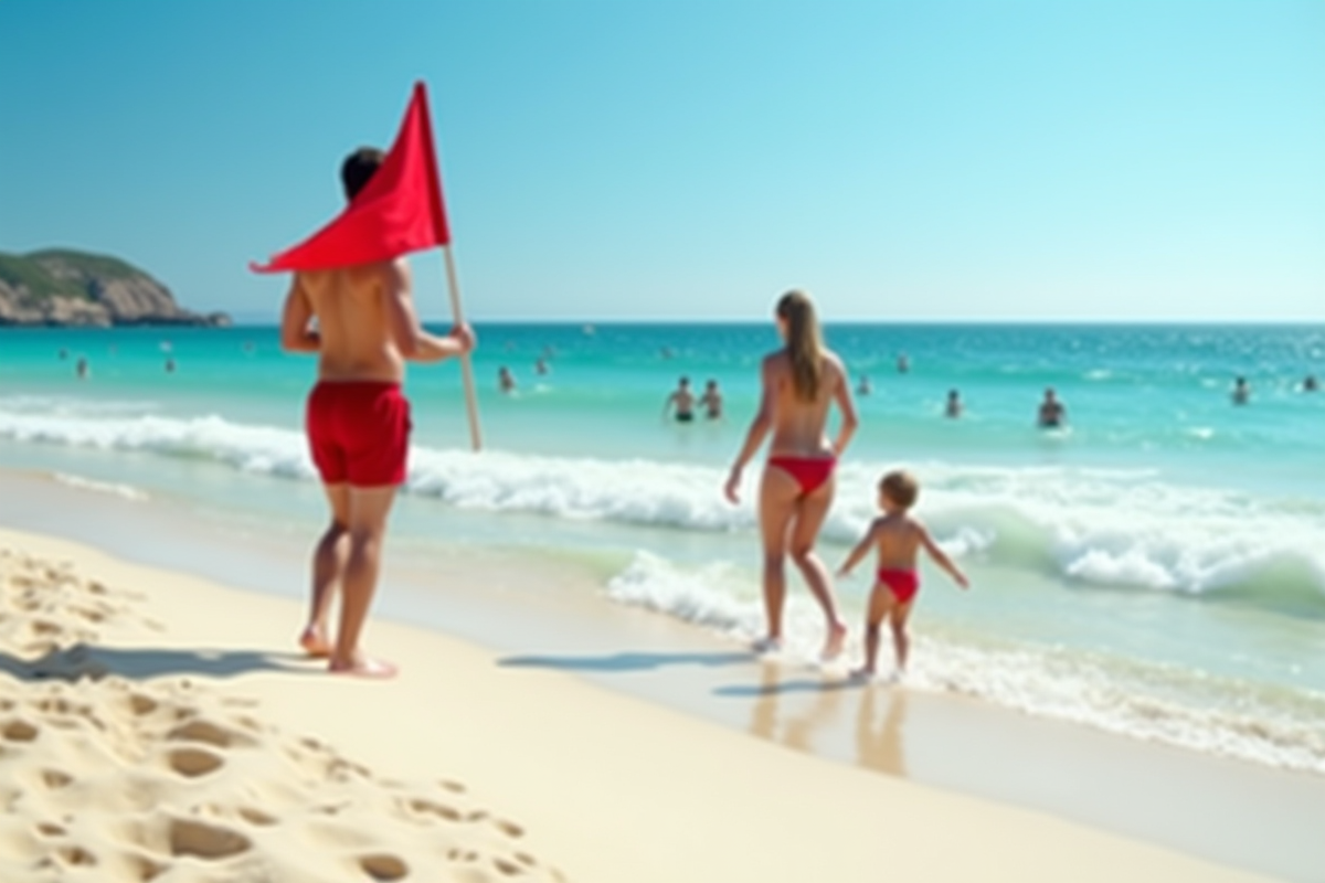 Surveillance plage avec drapeau rouge et vagues en arrière-plan