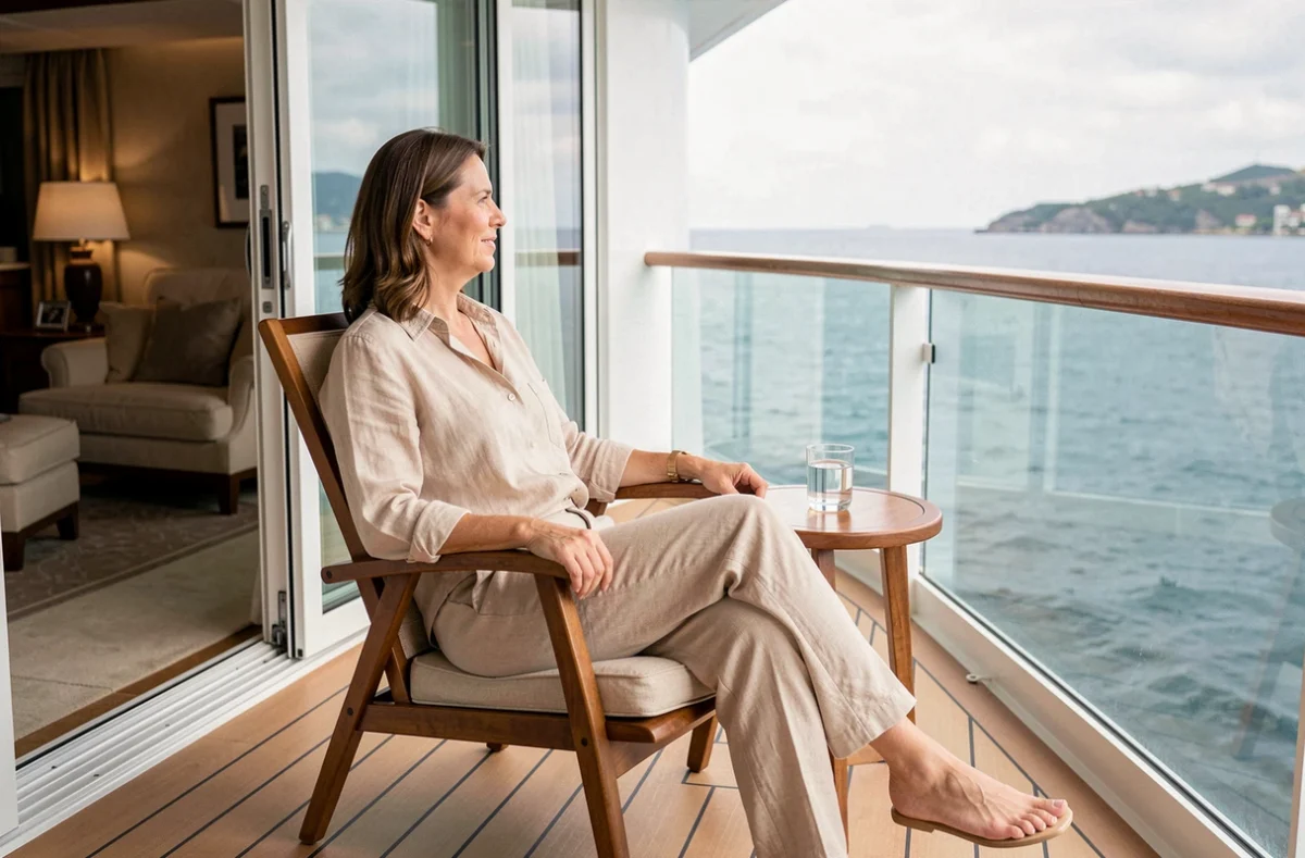 Femme profitant du balcon privé d'une suite sur un bateau de croisière avec vue sur la mer