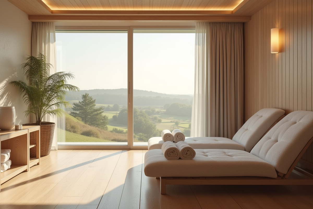 Suite spa intérieure avec vue sur la campagne normande