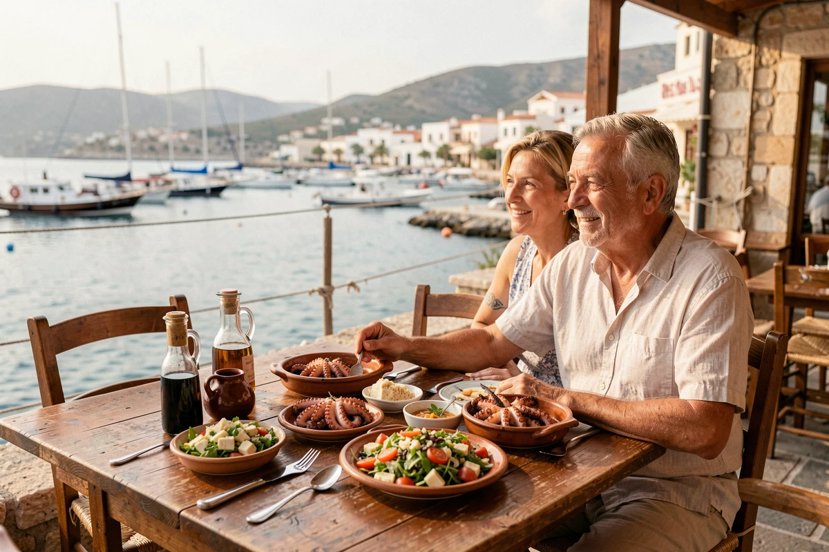 Terrasse de taverne crétoise au bord du port d'Héraklion avec repas de fruits de mer et vue sur la mer