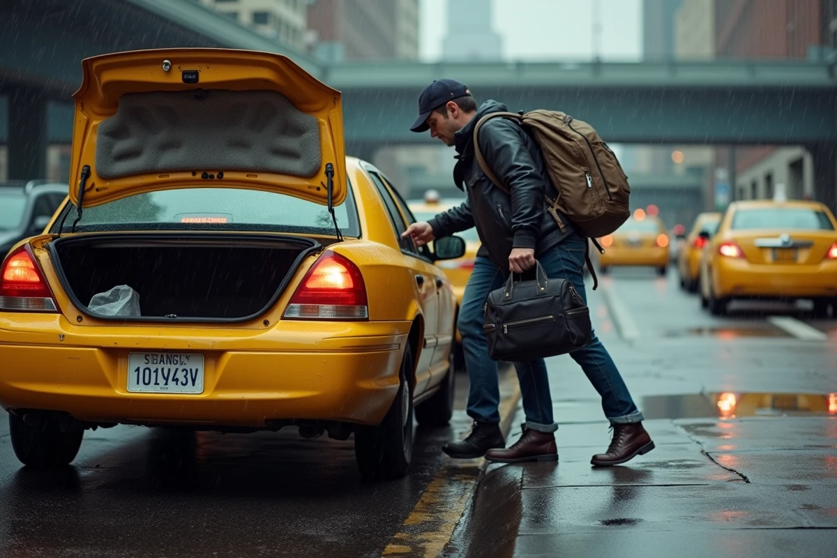 Passager chargeant ses bagages dans un taxi jaune new-yorkais sous la pluie près d'un aéroport de Manhattan