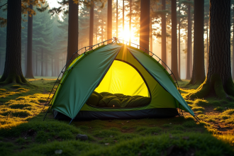Tente verte dans la forêt française au lever du soleil