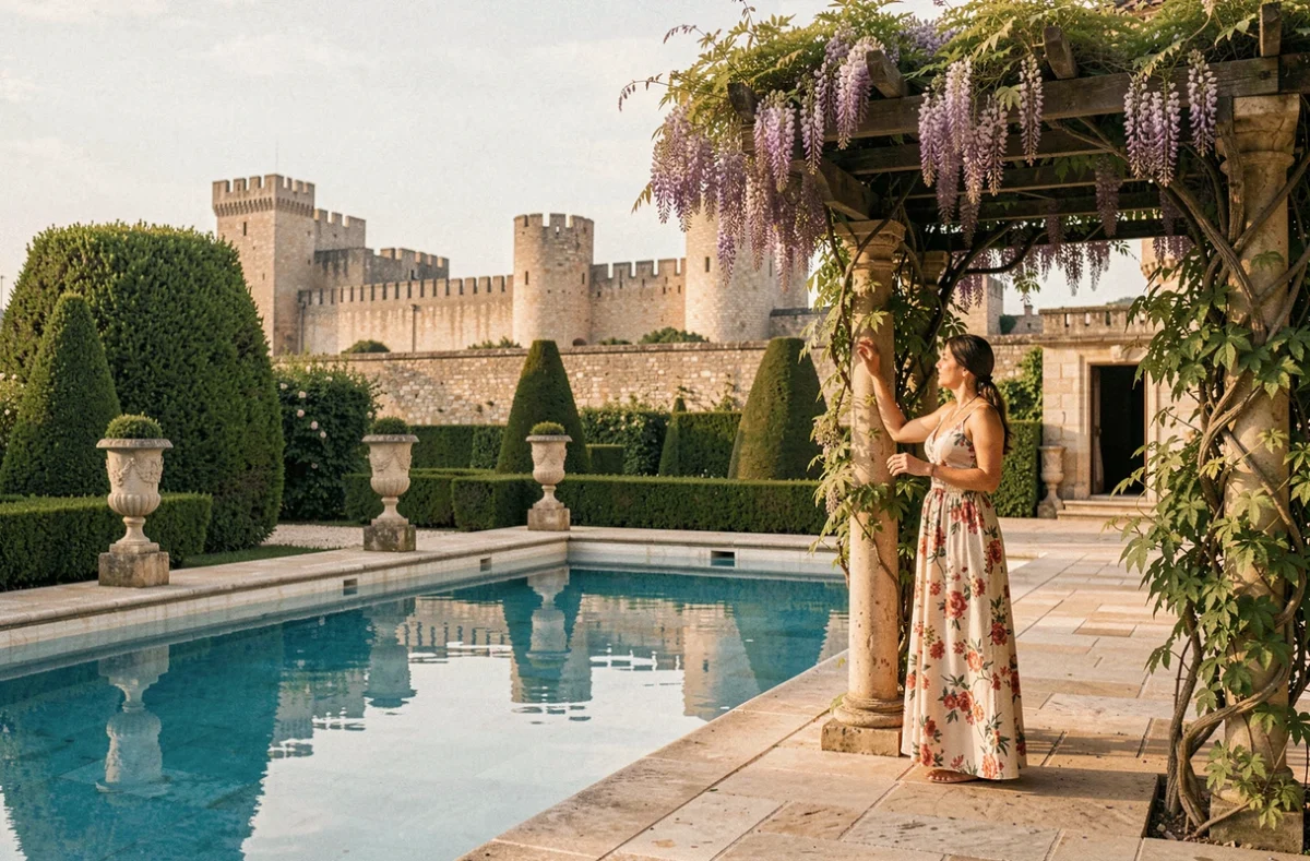 Piscine du Teritoria Hôtel du Château et Spa à Carcassonne avec jardin aménagé et vue sur la forteresse