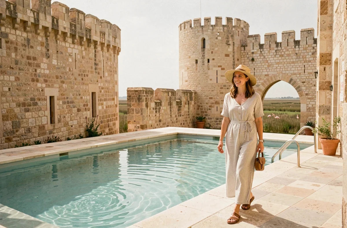 Piscine du Teritoria Boutique Hôtel des Remparts et Spa à Aigues-Mortes avec les remparts médiévaux en arrière-plan