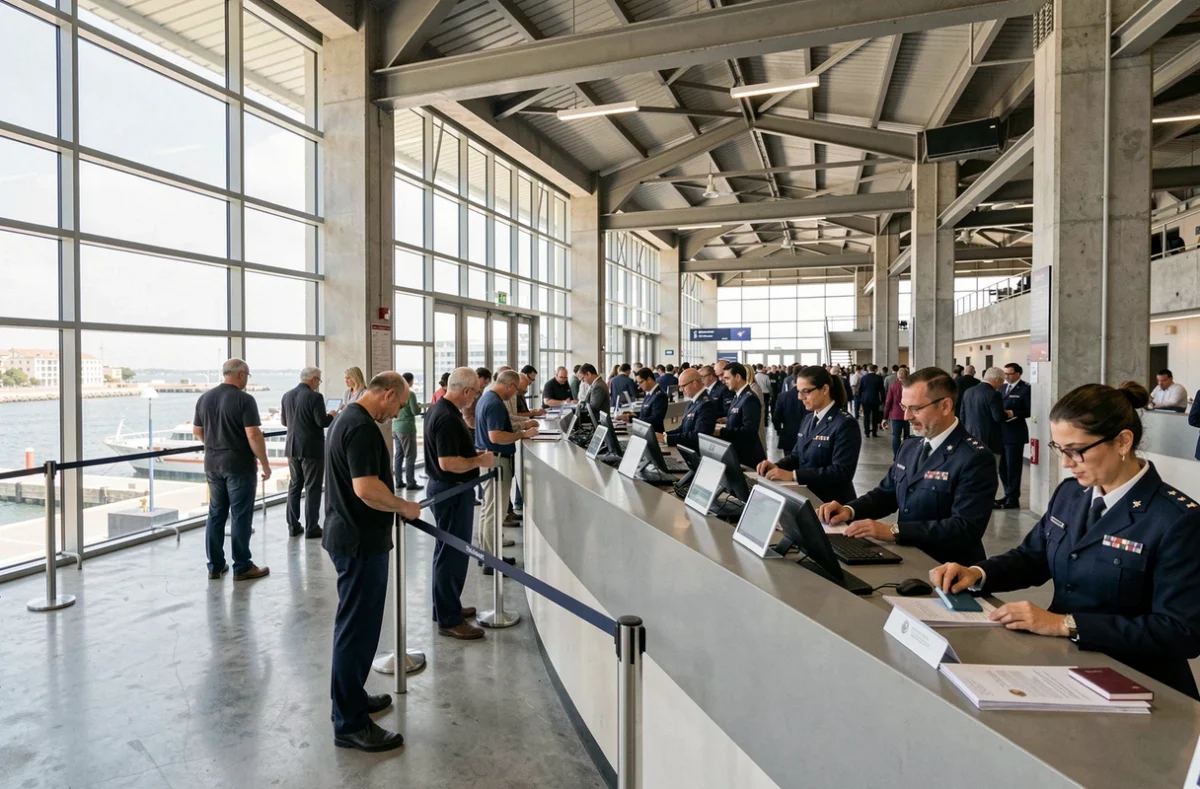 Hall d'embarquement d'un terminal de croisière à Marseille avec des voyageurs en attente au comptoir d'enregistrement
