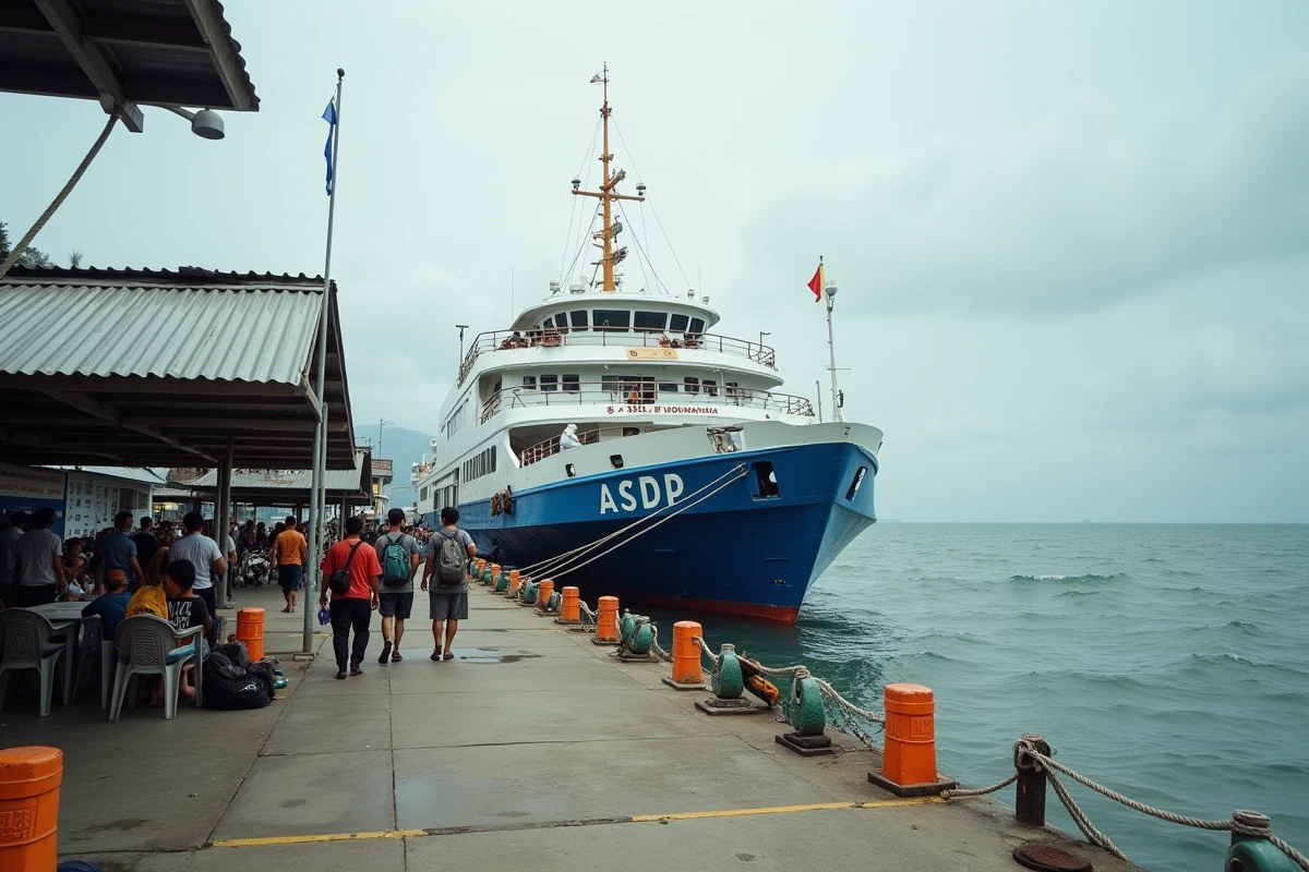 Terminal de ferry bondé à Padangbai avec touristes et locaux attendant le départ pour Lombok