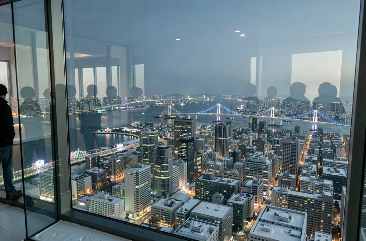 Vue panoramique nocturne de Tokyo en hiver depuis un belvédère avec illuminations du pont Rainbow et de la baie d'Odaiba
