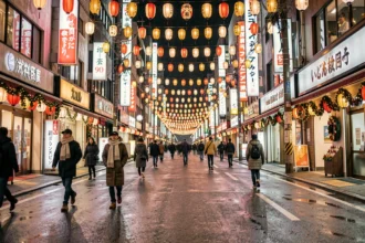 Rue animée de Shinjuku à Tokyo la nuit en hiver avec lanternes et enseignes néon reflétées sur le bitume mouillé