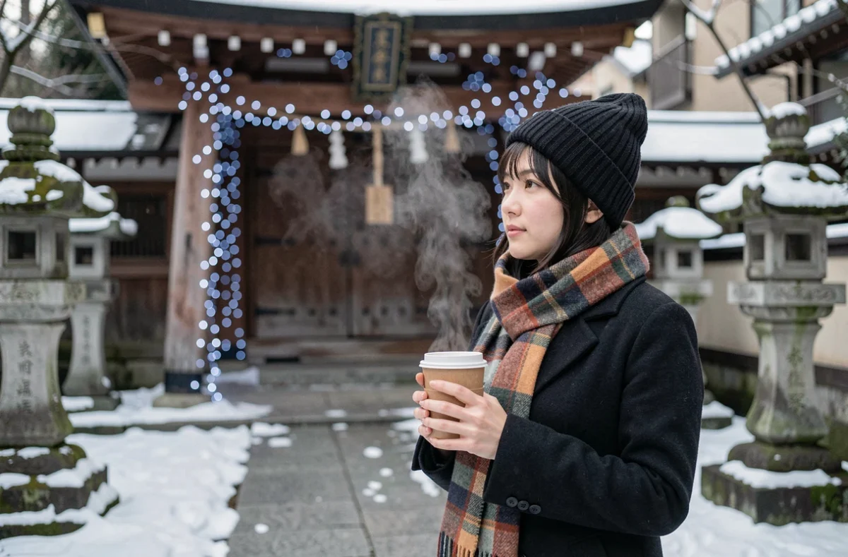 Femme japonaise en manteau d'hiver près d'un torii illuminé dans un temple enneigé de Tokyo la nuit