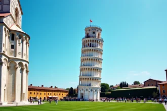 Vue grand angle de la Tour de Pise depuis la Piazza dei Miracoli avec des touristes sur la pelouse