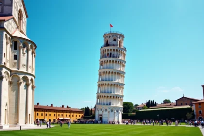 Vue grand angle de la Tour de Pise depuis la Piazza dei Miracoli avec des touristes sur la pelouse