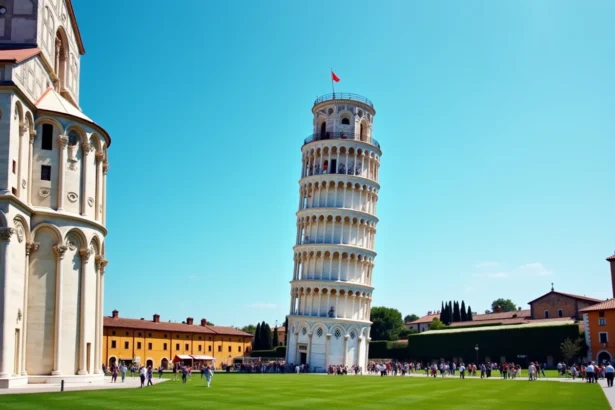 Vue grand angle de la Tour de Pise depuis la Piazza dei Miracoli avec des touristes sur la pelouse