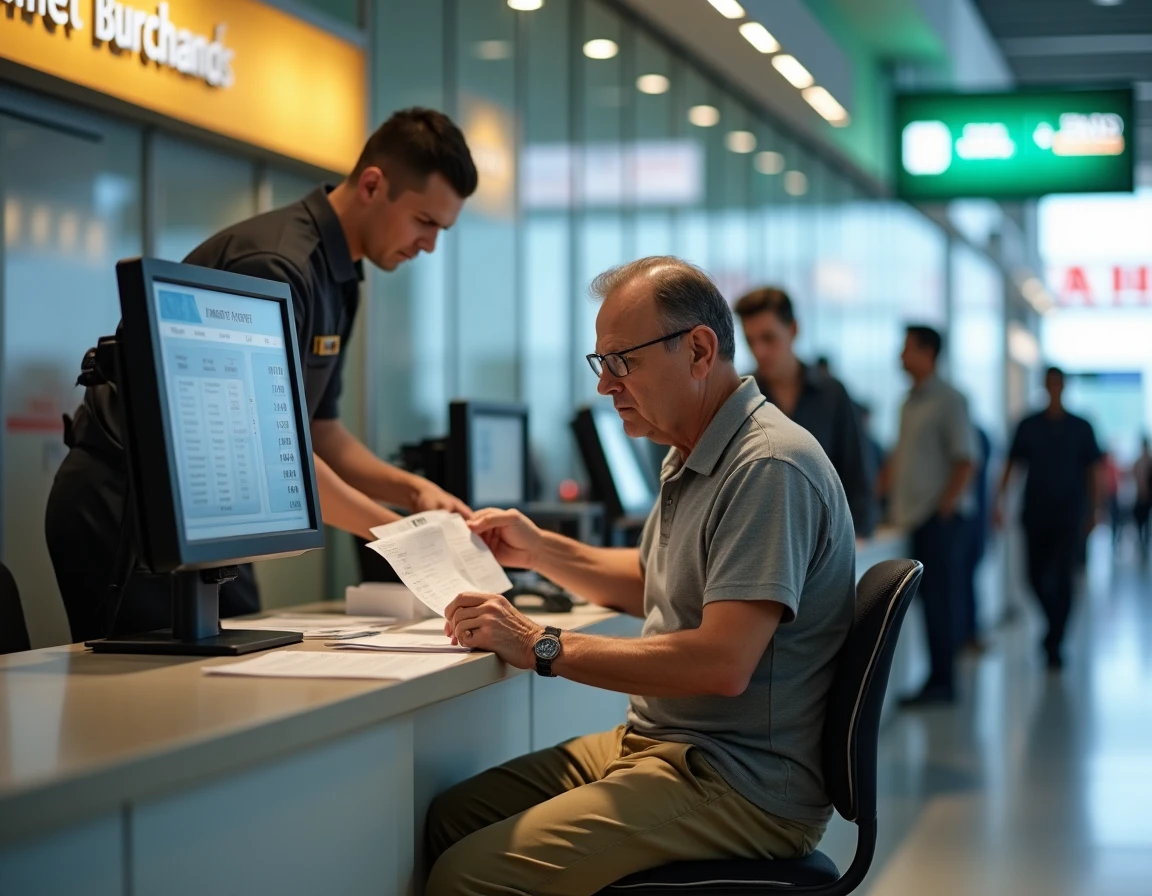 Touriste européen vérifiant les taux de change à un comptoir de devises de l'aéroport KLIA à Kuala Lumpur