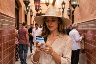 Touriste consultant son forfait mobile dans une ruelle de la médina de Marrakech au Maroc