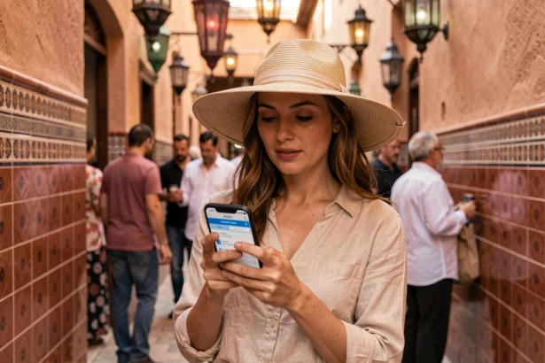 Touriste consultant son forfait mobile dans une ruelle de la médina de Marrakech au Maroc