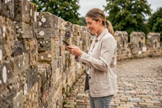 Touriste consultant un simulateur de visite sur smartphone devant les remparts médiévaux de Guérande