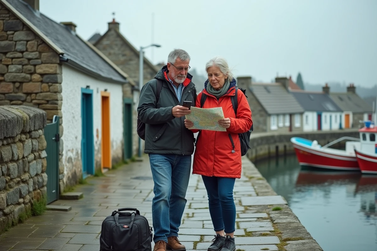 Couple de touristes désorientés consultant une carte à l'arrivée au port de l'île de Groix après la traversée depuis Lorient