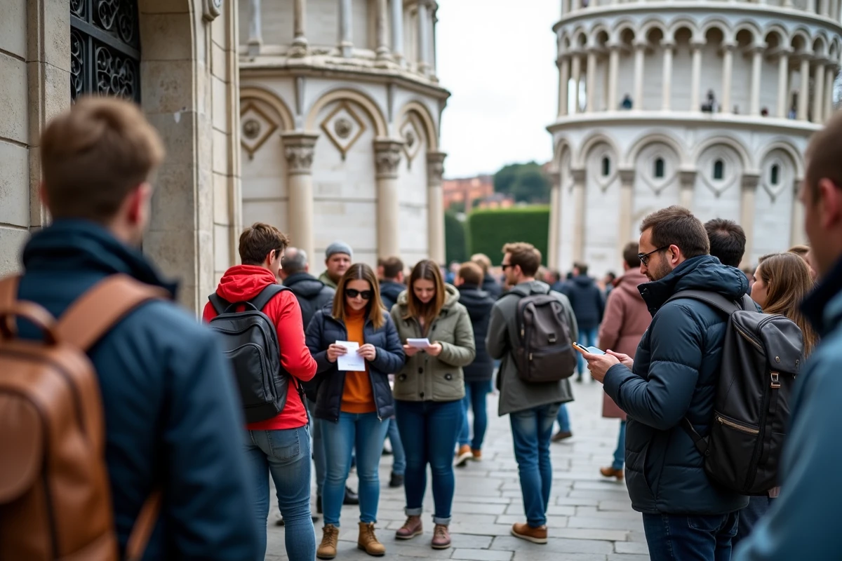 Touristes faisant la queue à l'entrée de la Tour de Pise avec leurs billets