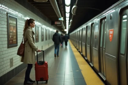 Voyageuse avec valise dans le métro de New York consultant un plan de transport sur le quai d'une station souterraine
