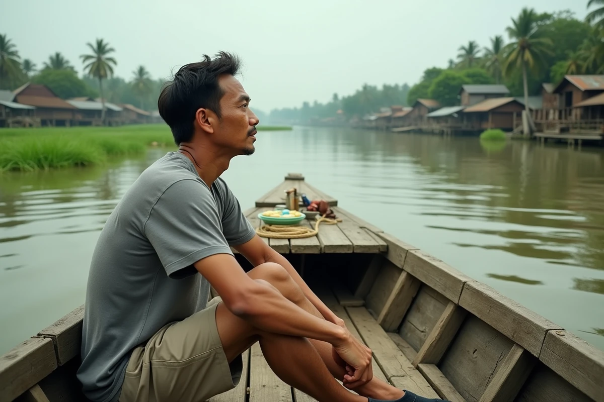 Voyageur traversant le Mékong en bateau longtail traditionnel au Cambodge sans avion intérieur