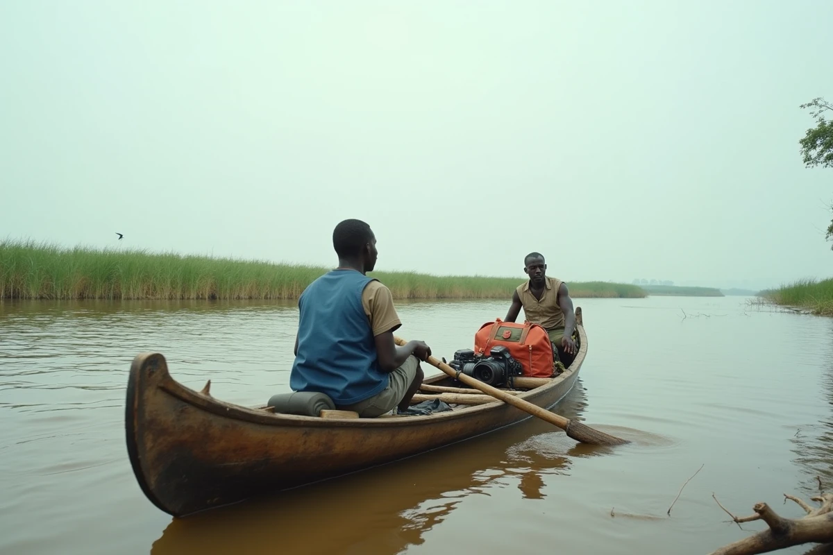 Pirogue traversant un fleuve calme au Soudan du Sud avec un batelier local et deux aventuriers transportant leurs bagages vers la rive opposée