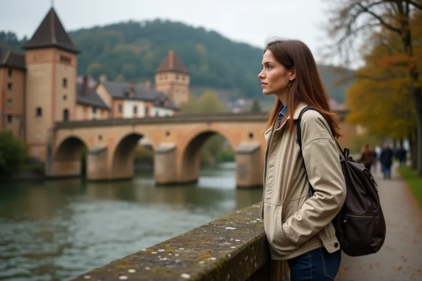 Femme admirant le vieux pont de Heidelberg avec le château en arrière-plan au bord du Neckar