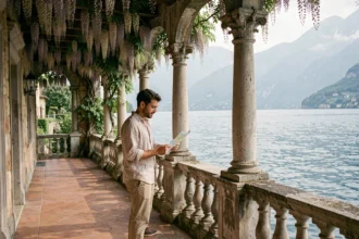 Couple consultant une carte sur la loggia de la Villa del Balbianello avec vue sur le lac de Côme, lieu de tournage de Star Wars