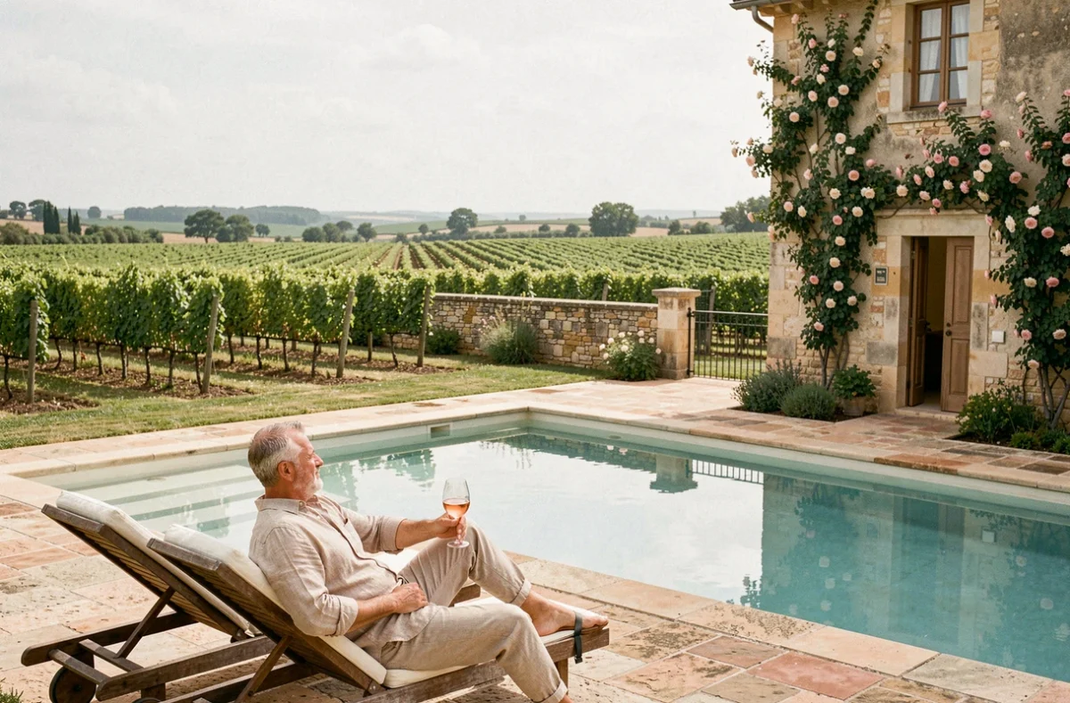 Piscine du Village et Château Castigno Wine Hotel Spa et Resort entourée de vignobles languedociens et de murs en pierre