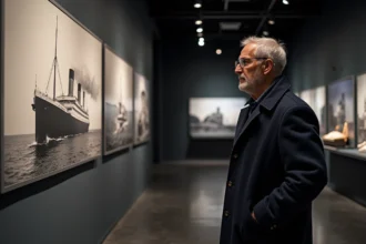 Visiteur adulte lisant un panneau d'exposition historique sur le Titanic au musée de Lyon