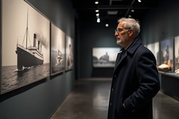 Visiteur adulte lisant un panneau d'exposition historique sur le Titanic au musée de Lyon