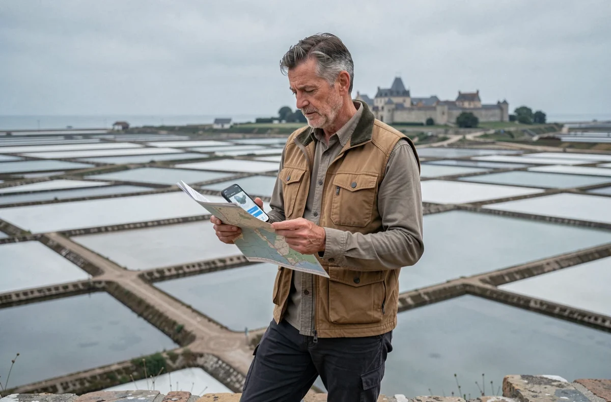 Homme consultant le simulateur OT-Guérande sur smartphone face aux marais salants lors d'une première visite