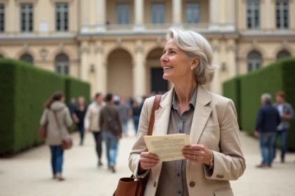 Visiteuse consultant un guide devant un musée archéologique à Alésia, préparant son séjour culturel