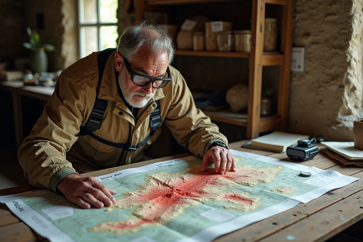 Volcanologue étudiant une carte topographique des volcans italiens dans une station de recherche de terrain