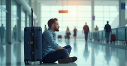 Voyageur frustré avec valise fermée dans un aéroport lumineux
